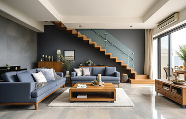 Blue sofas in room with staircase. Scandinavian home interior design of modern living room.
