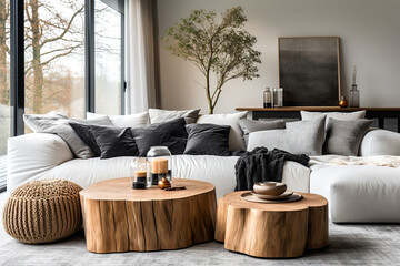 Wooden tree stump rustic accent coffee tables near white sofa with black and grey pillows. Minimalist home interior design of modern living room.