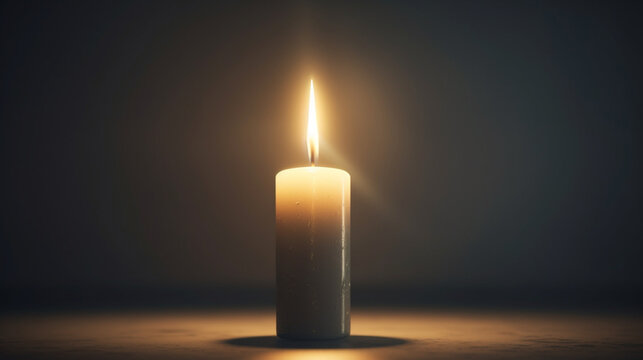 Bougie allum&eacute;e sur fond sombre, noir. Halo de lumi&egrave;re, flammes. Ambiance sombre, chaleureuse. Arri&egrave;re-plan pour conception et cr&eacute;ation graphique. 