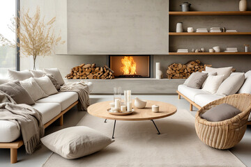 Minimalist home interior design of modern living room with fireplace.