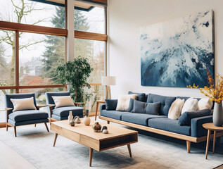 Dark blue fabric sofa and chairs. Mid-century home interior design of modern living room.