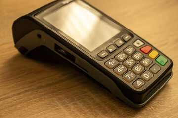  Closeup view of a payment terminal keyboard, banking concept.