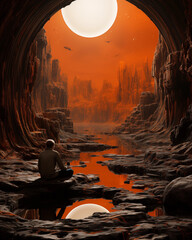 Man in a cavern looking at the moon of an unknown planet