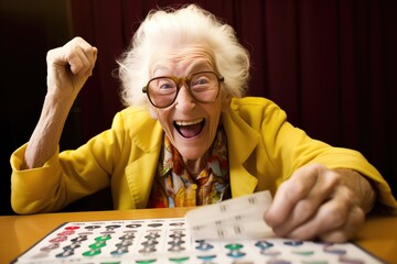 Happy old lady playing bingo