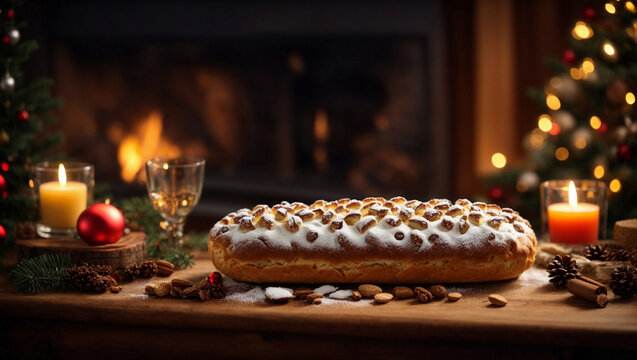 Christstollen, stollen dolce tipico di Natale una una atmosfera natalizia con caminetto e luci natalizie