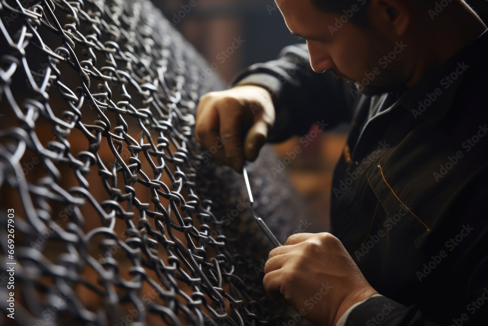 Poster A man is seen diligently working on a fence, using a pair of scissors. This image can be used to depict home improvement, DIY projects, or repairs.
