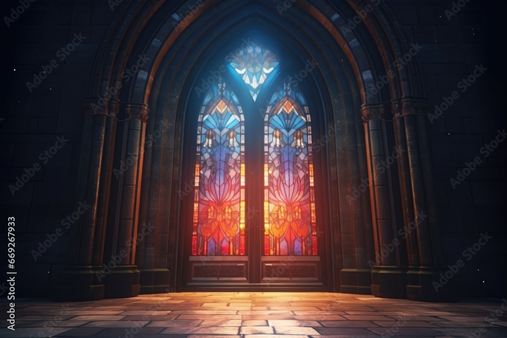 Poster a large stained glass window in a church. this picture can be used to add a touch of elegance and sp