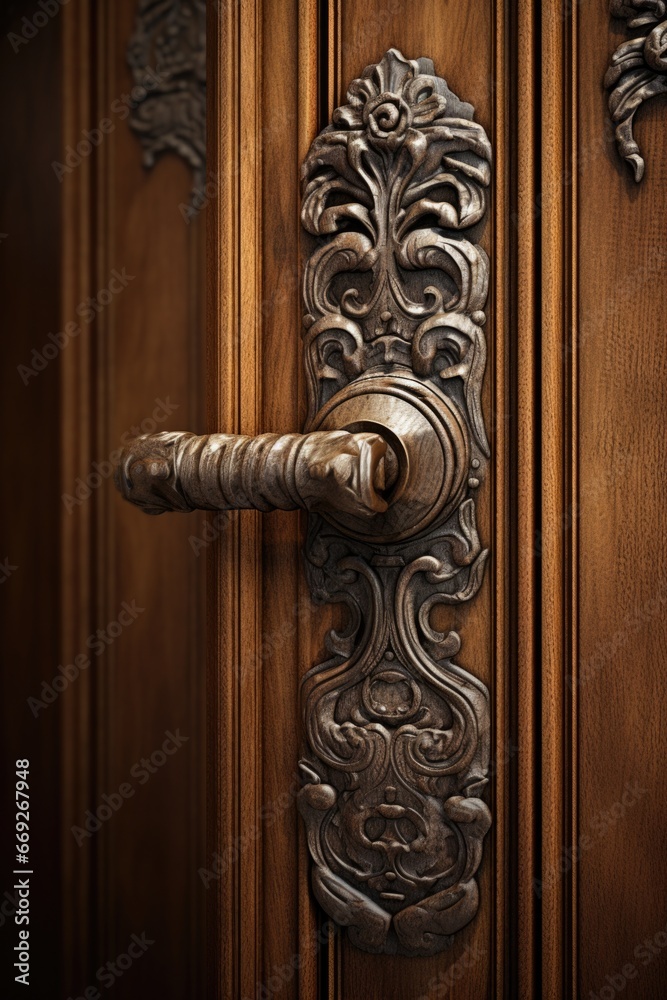 Poster A close-up view of a door handle on a wooden door. This picture can be used to showcase the intricate details of door hardware and add a touch of elegance to any design.