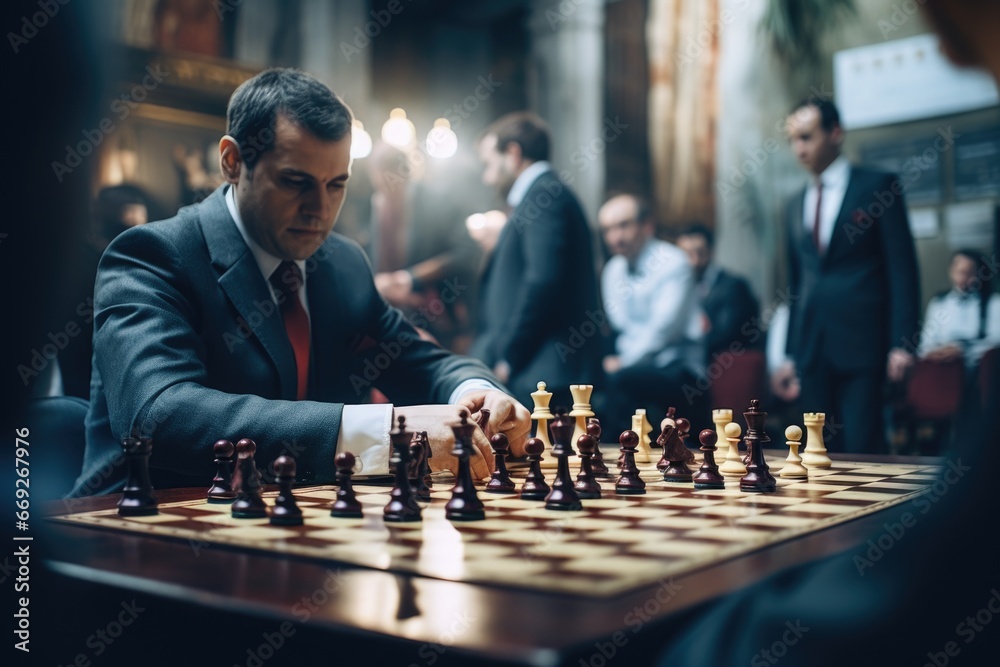 Poster a man in a suit is engaged in a game of chess. this image can be used to depict strategic thinking, 