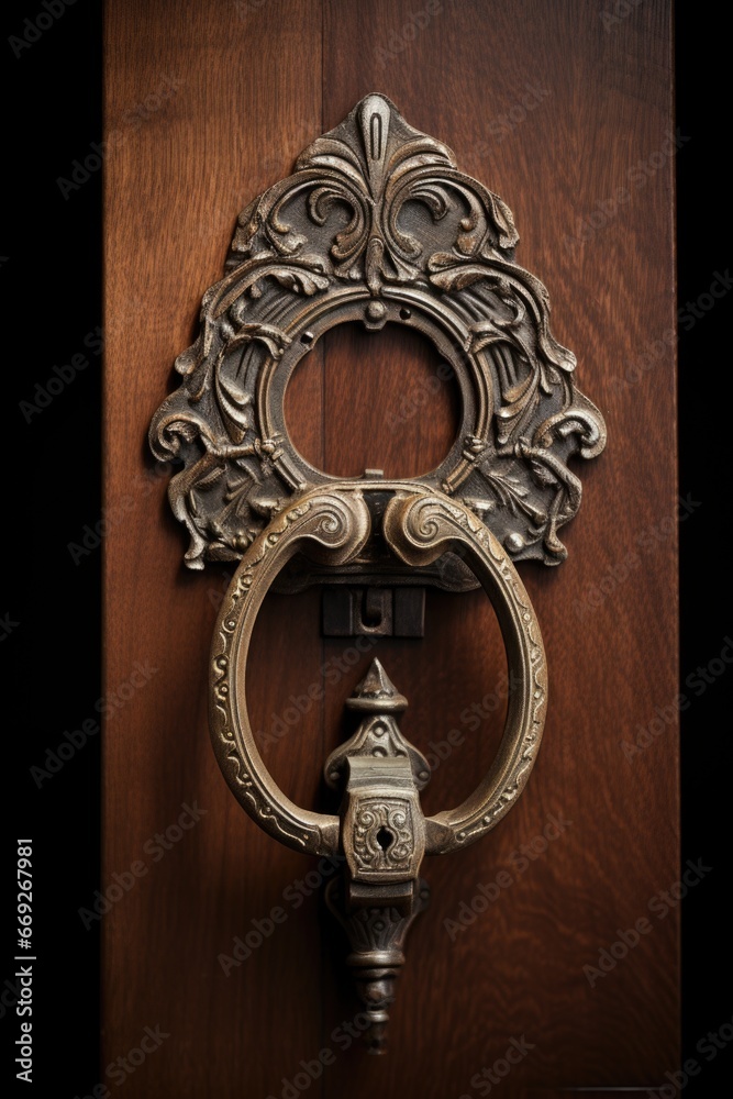 Poster a close-up image of a metal door handle on a sturdy wooden door. this picture can be used to showcas