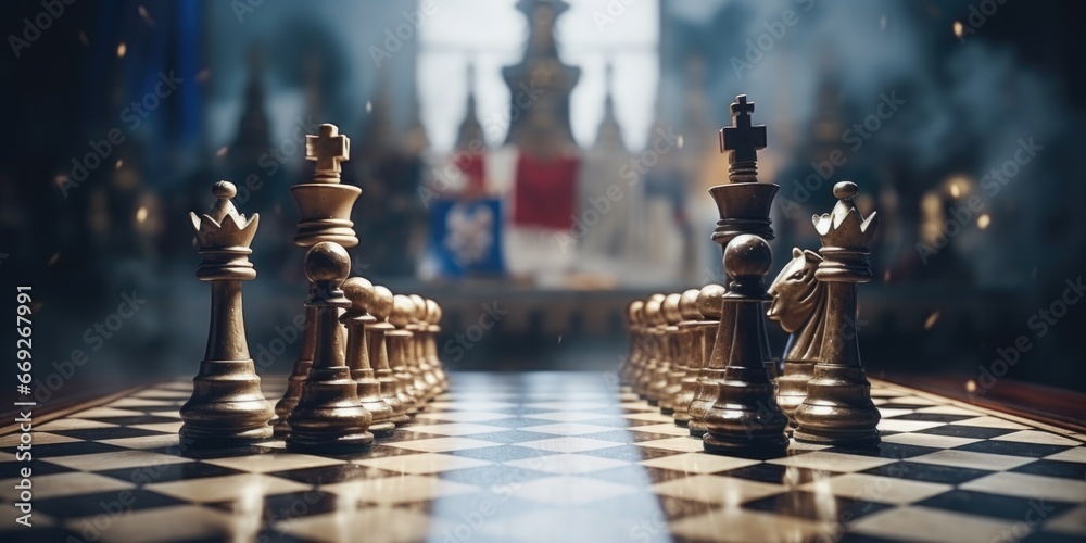 Poster a photograph of a chess board with chess pieces on it. this image can be used to illustrate strategy