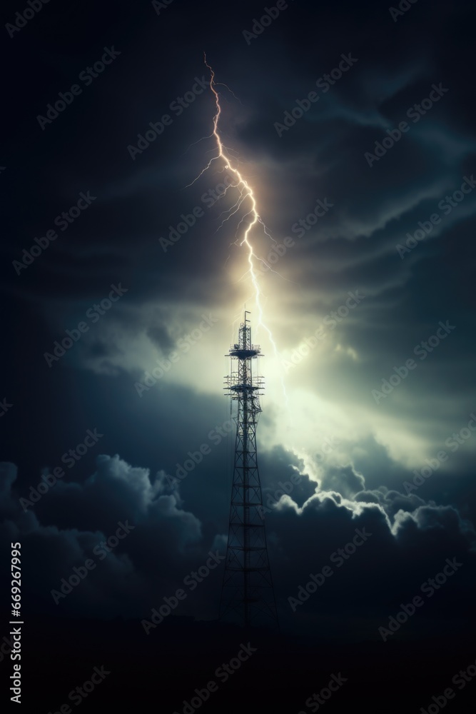 Poster a tall tower with a lightning bolt shooting out of it. this image captures the power and energy of a