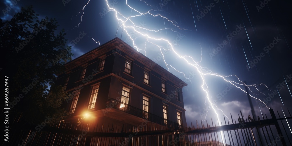 Poster A picture of a building with multiple bolts of lightning shooting out of it. Perfect for illustrating a stormy atmosphere or the power of nature.
