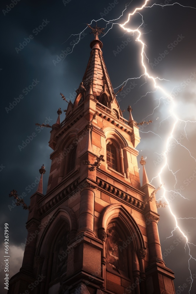 Poster A tall tower with a clock and lightning in the sky. This image can be used to depict a stormy night or to symbolize the passage of time.