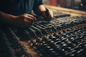A person is seen working with a bunch of chains. This image can be used to depict hard work, manual labor, or the concept of being chained to a task. - obrazy, fototapety, plakaty