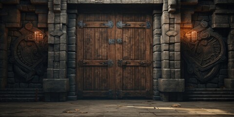 A photograph of a large wooden door in a stone building. This image can be used to depict architecture, entrances, or historical structures.