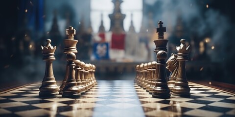 A photograph of a chess board with chess pieces on it. This image can be used to illustrate strategy, intelligence, decision-making, or competitive games. - obrazy, fototapety, plakaty
