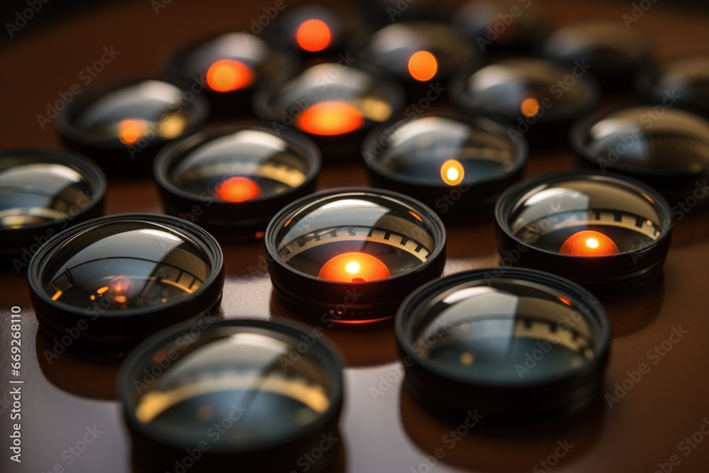 Poster A group of lit candles sitting on top of a table. Perfect for creating a cozy atmosphere or adding a touch of elegance to any setting.