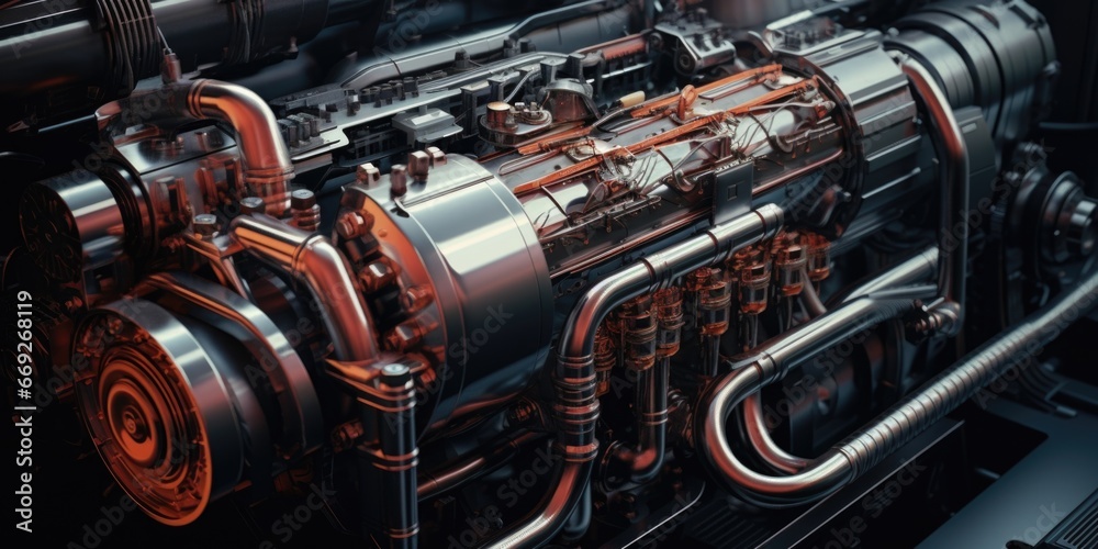 Poster a detailed close-up view of a large engine on a train. this image can be used to depict transportati