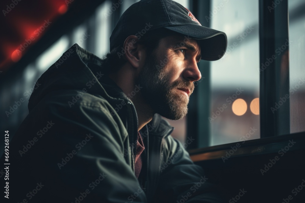 Poster a man wearing a hat looking out a window. this picture can be used to portray curiosity, contemplati