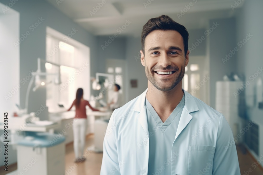 Poster a man in a hospital room smiling at the camera. this image can be used to portray positivity and rec