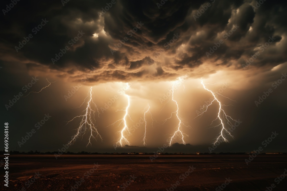 Poster A powerful lightning storm illuminating the sky over a vast field. Perfect for adding drama and intensity to any creative project.