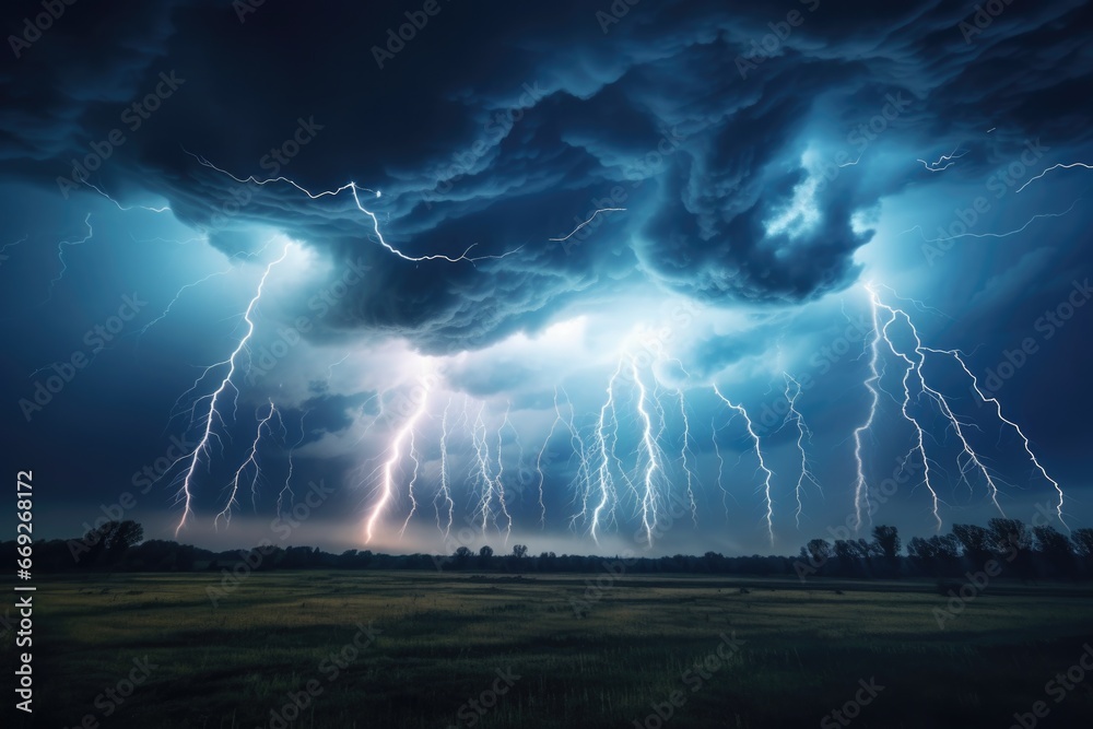 Leinwandbilder A dramatic image capturing a field illuminated by multiple bolts of lightning. Perfect for adding a sense of power and intensity to any project.