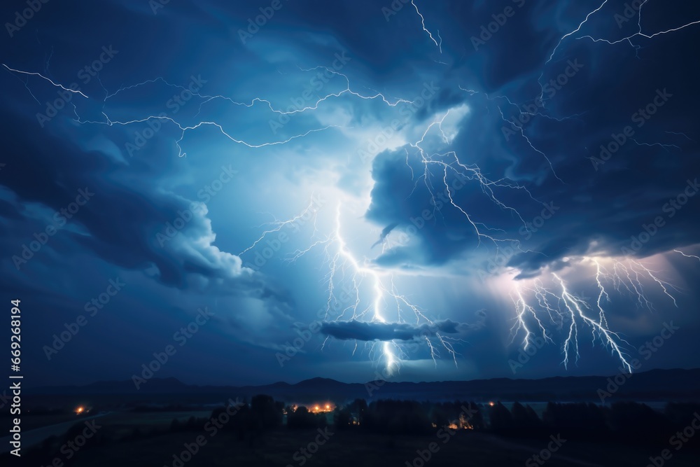 Poster a dramatic image capturing a lightning storm in the sky above a town. perfect for illustrating extre