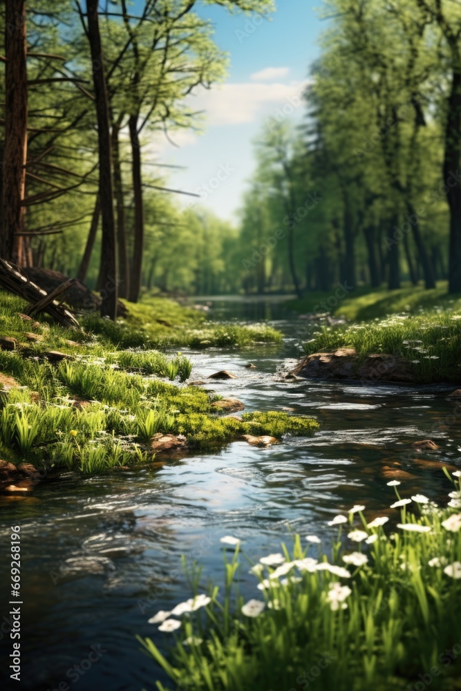 Poster A picture of a stream flowing through a vibrant and dense green forest. This image captures the tranquility and beauty of nature. Perfect for use in environmental and travel-related projects.