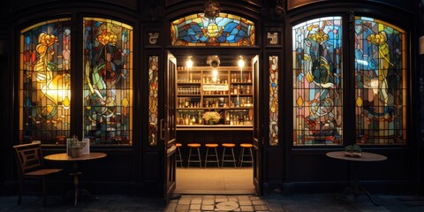 Obraz premium A picture of a bar with beautiful stained glass windows and tables. This image can be used to depict a cozy and vibrant atmosphere in a bar or restaurant setting.