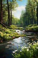 Obraz premium A picture of a stream flowing through a vibrant and dense green forest. This image captures the tranquility and beauty of nature. Perfect for use in environmental and travel-related projects.