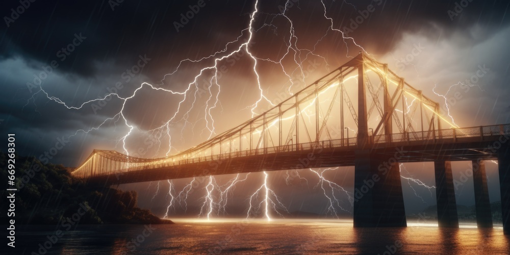 Poster A bridge illuminated by a stunning display of lightning. Perfect for adding excitement and drama to any project