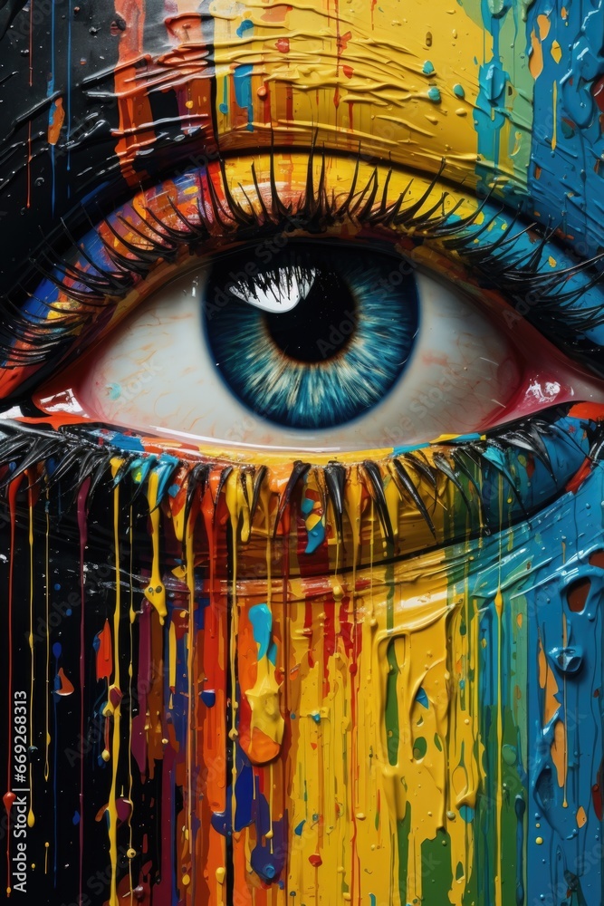 Poster a close-up view of a detailed painting of an eye. perfect for artistic projects and creative designs