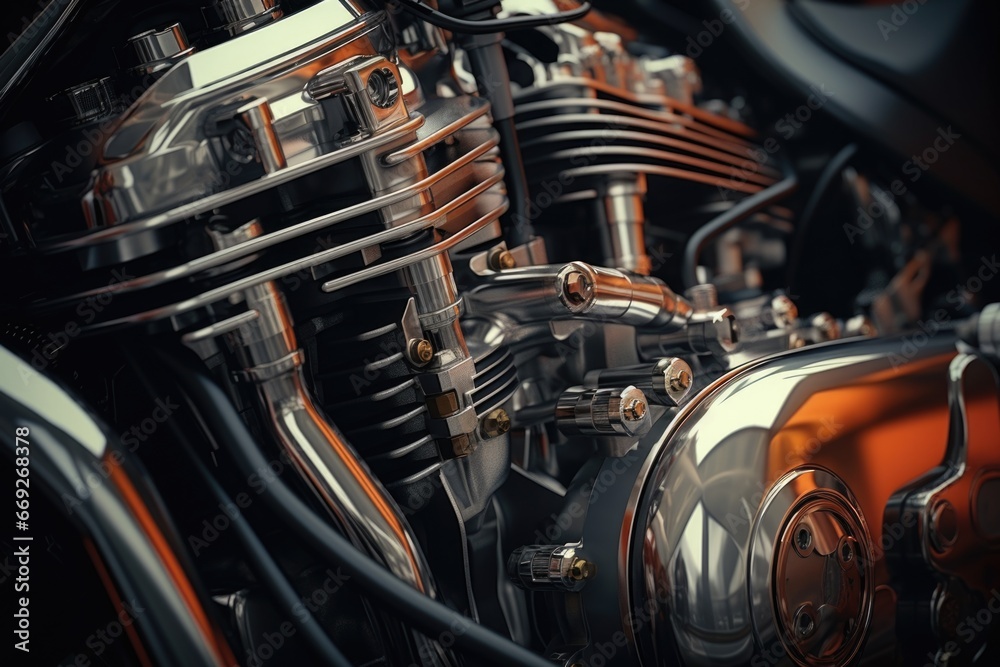 Aufkleber A detailed close-up view of a motorcycle engine. This image showcases the intricate parts and components of the engine. Suitable for automotive and engineering-related projects