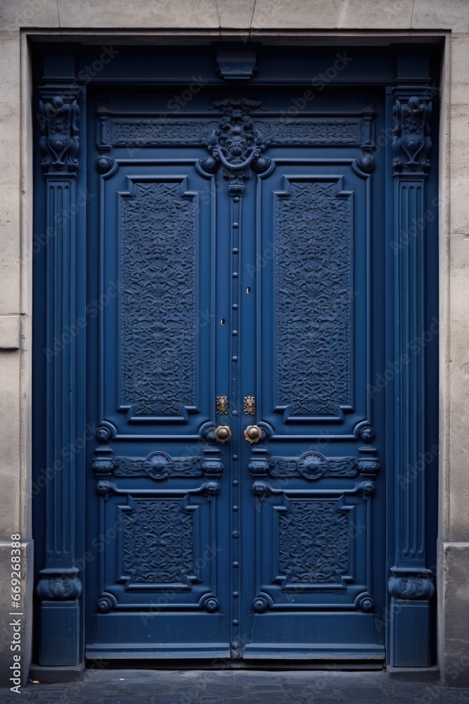 Poster a picture of a blue door with a clock mounted on it. this image can be used to symbolize time, trans