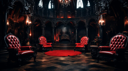 dark room interior with red armchairs