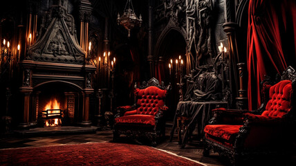 dark room interior with red armchairs - obrazy, fototapety, plakaty