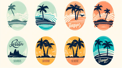 set of surfboards on a background of the palm trees.