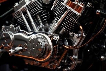 A detailed close up view of a motorcycle engine. Ideal for automotive enthusiasts and motorcycle...