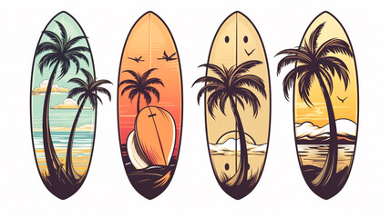 set of surfboards on a background of the palm trees.