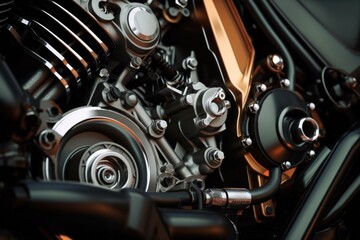 A detailed close up view of a motorcycle engine. Perfect for automotive enthusiasts or mechanics.