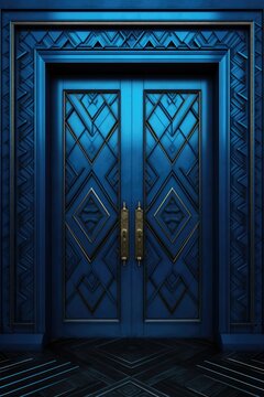 A picture of a blue door with a gold handle in a dark room. This image can be used to depict mystery, entrance, or hidden secrets.
