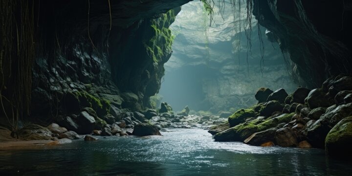A picture of a cave filled with numerous rocks and water. This image can be used to depict natural formations, geological wonders, or adventure and exploration themes