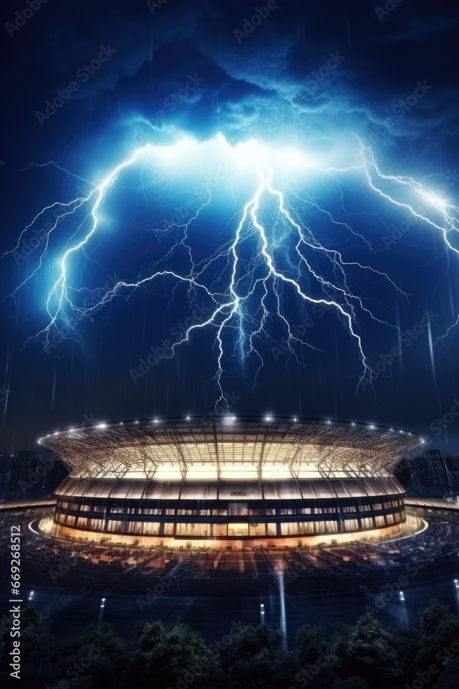 Poster a captivating image of a large stadium illuminated by vibrant lightning strikes in the night sky. pe