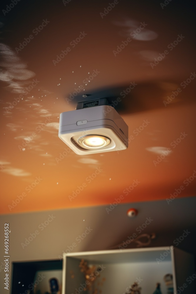 Poster a room with a ceiling light turned on, providing bright illumination. this image can be used to depi