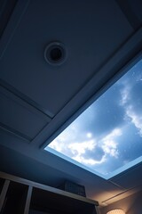 A room with a skylight in the ceiling. This picture can be used to showcase natural lighting in interior design or to depict a bright and airy space