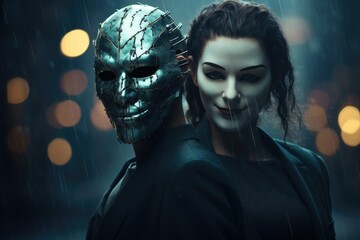 A woman and a man wearing masks, creating an aura of intrigue. Perfect for costume parties and masquerade events