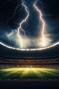A baseball stadium illuminated by a dramatic display of lightning in the sky. Perfect for capturing the excitement and intensity of a game amidst a stormy atmosphere.