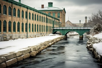 Wintry River Flowing Through Industrial Landscape with Historic Elegance