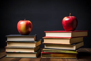 Vibrant Apples Amid Stacked Books Against Dark Backdrop
